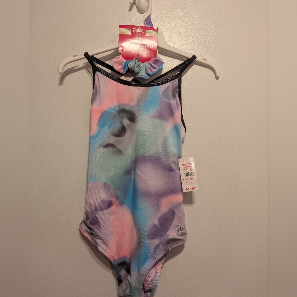 Justice Girls Pastel Multi-Color Swirl One-Piece Leotard with Scrunchie